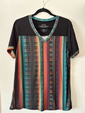 Crazy Train Black V-Neck Tee with Serape Stripes
